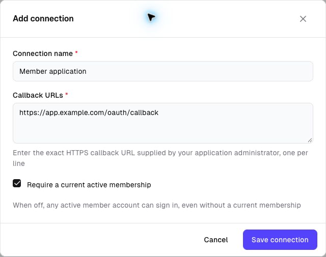 Add connection dialog with an example application name, HTTPS callback URL and active-membership requirement enabled