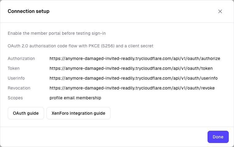 Connection setup dialog showing OAuth endpoints, scopes and links to the integration guides